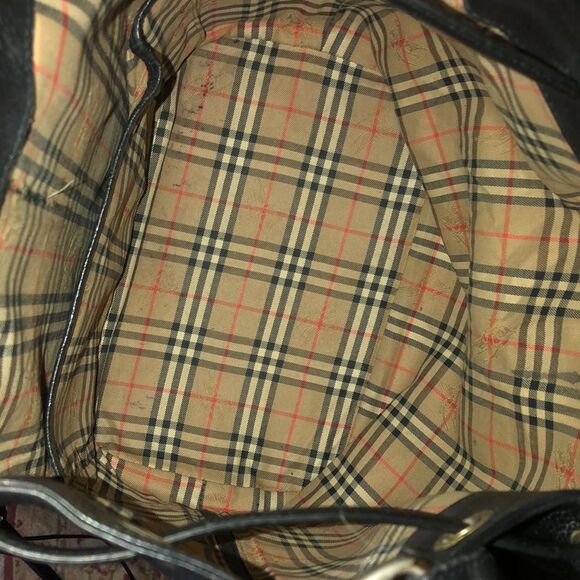 BURBERRYS Large Black Leather Bucket Drawstring Bag Nova Check Lining Authentic - Picture 6 of 17